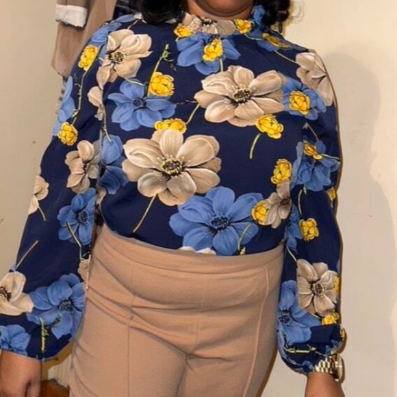 Tops - Boho Floral Print Frill Neck Long Sleeve Blouse